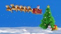 Santa clause with sleigh near snowman and Christmas tree gifts box, Happy New year and Merry Christmas greeting card, 3D rendering Royalty Free Stock Photo