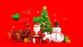 Santa clause with sleigh near snowman and Christmas tree gifts box, Happy New year and Merry Christmas greeting card, 3D rendering Royalty Free Stock Photo