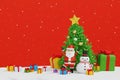 Santa clause with sleigh near snowman and Christmas tree gifts box, Happy New year and Merry Christmas greeting card, 3D rendering Royalty Free Stock Photo