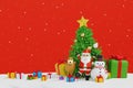 Santa clause with sleigh near snowman and Christmas tree gifts box, Happy New year and Merry Christmas greeting card, 3D rendering Royalty Free Stock Photo