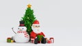 Santa clause snowman and Christmas tree gifts box, Happy New year and Merry Christmas greeting card, 3D rendering Royalty Free Stock Photo