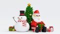 Santa clause snowman and Christmas tree gifts box, Happy New year and Merry Christmas greeting card, 3D rendering Royalty Free Stock Photo