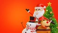 Santa clause snowman and Christmas tree gifts box, Happy New year and Merry Christmas greeting card, 3D rendering Royalty Free Stock Photo