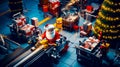 Santa clause standing in front of bunch of boxes on conveyor belt. Generative AI