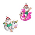 Santa Clauses with Unicorn and Flamingo swim rings on summer vacation