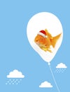 Santa Claus goldfish in balloon floating in the blue sky with clouds iillustration