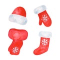 Santa clothes Christmas collection isolated on white background, hand painted red gloves hat socks and scarf in watercolor Royalty Free Stock Photo