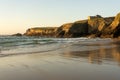 Santa Comba hermitage in the Santa Comba beach in the coast of Galicia at sunset in a sunny day. A CoruÃ±a, Spain