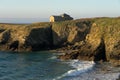 Santa Comba hermitage in the Santa Comba beach in the coast of Galicia at sunset in a sunny day. A CoruÃÂ±a, Spain