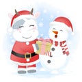 Santa Cow and Snowman holding gift box Royalty Free Stock Photo