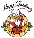Santa cowboy christmas . Vector Santa with cowboy boots and western hat sit on horseshoe decorated holly berry