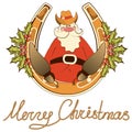 Santa in cowboy shoes sit on lucky horseshoe. Royalty Free Stock Photo