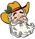 Santa cowboy vector illustration isolated on white. Christmas smiling Santa in cowboy hat and holly berry decor