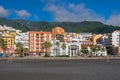 Avenida Maritima with the bell tower of the church Iglesia Colegial del Divino Salvador on La Palma, Canary Islands