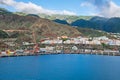 Santa Cruz harbor with a volcano Caldereta and mountains on La Palma, Canary Islands Royalty Free Stock Photo