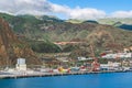 Santa Cruz harbor with a volcano Caldereta and mountains on La Palma, Canary Islands Royalty Free Stock Photo