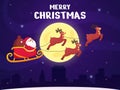 Santa and deer background. Reindeer christmas magic flying in night sky. Winter landscape, xmas eve village silhouette Royalty Free Stock Photo