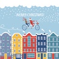 Santa and Deer on bicycle above city