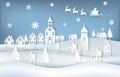 Santa and deer at city with snowflake background. Christmas season paper art illustration Royalty Free Stock Photo