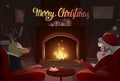 Santa And Deer Sitting Near Fireplace, Merry Christmas And Happy New Year Royalty Free Stock Photo