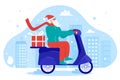 Santa delivering gifts, cartoon Xmas courier riding scooter, working in Christmas gift box delivery