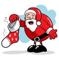 Cartoon Santa Claus holding a dirty stocking. Vector illustration