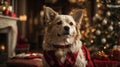 Santa Dog Smiling at Traditional Decorarion Background Royalty Free Stock Photo