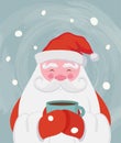 Santa drinking a hot drink at winter scenary. Vector christmas illustration