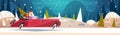 Santa Driving Retro Car With Green Tree And Presents In Winter Forest Merry Christmas And Happy New Year Poster
