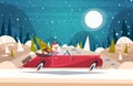 Santa Driving Retro Car With Green Tree And Presents In Winter Forest Merry Christmas And Happy New Year Poster Royalty Free Stock Photo