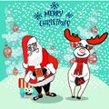 Santa drops gifts. Christmas greeting card background poster. Vector illustration. Royalty Free Stock Photo