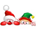 Santa and Elf Cute and funny Christmas Cartoon Characters peeking from behind a panel vector illustration isolated on white Royalty Free Stock Photo