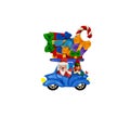 Santa and elf driving a car wirh Christmas gifts plasticine sculpture isolated cartoon