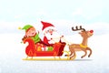 Santa, Elf riding on Sleigh, Drawn by Deer, Vector Royalty Free Stock Photo