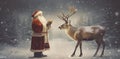 sleigh greeting vintage card snow reindeer santa claus illustration christmas. Generative AI. Royalty Free Stock Photo