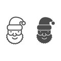 Santa face with a hat line and solid icon. Santa Claus portrait with beard and in a hat outline style pictogram on white