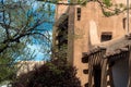 Historic pueblo style old adobe building on the Plaza in spring in Santa Fe, New Mexico, USA Royalty Free Stock Photo