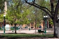 Historic obelisk surrouonded by trees on the Plaza in Santa Fe, New Mexico, USA