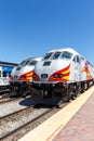 Locomotives of New Mexico Rail Runner Express commuter train railways portrait format in Santa Fe, United States