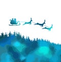 Santa flies over the forest. Vector illustration