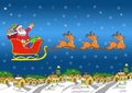 Santa Fly brings gifts with his reindeer cartoon illustration