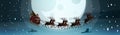 Santa Flying In Sledge With Reindeers In Night Sky Over Moon, Merry Christmas And Happy New Year Banner Winter Holidays Royalty Free Stock Photo