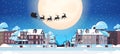 Santa flying in sledge with reindeers in night sky over village houses happy new year merry christmas banner Royalty Free Stock Photo