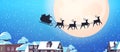 Santa flying in sledge with reindeers in night sky over village houses happy new year merry christmas banner Royalty Free Stock Photo