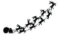Santa flying in a sleigh with reindeer. Vector illustration. Isolated object. Black silhouette. Christmas. Royalty Free Stock Photo
