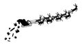 Santa flying in a sleigh with reindeer. Vector illustration. Isolated object. Black silhouette. Christmas.