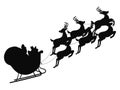 Santa flying in a sleigh with reindeer. Vector illustration. Isolated object. Black silhouette. Christmas. Royalty Free Stock Photo