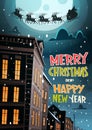 Santa Flying In Sleigh With Reindeers In Night Sky Over City, Merry Christmas And Happy New Year Greeting Card Winter Royalty Free Stock Photo