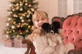 Santa gave the girl a dog for Christmas. Christmas tale. Happy childhood. First pet