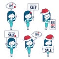 Santa girl. Santa Claus woman in red hats. Christmas character woman in different poses with sale poster. Big sale 50. Royalty Free Stock Photo